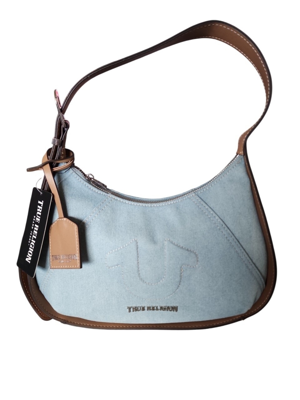 True Religion Light Blue Canvas Crescent Shoulder Bag with Brown Trim